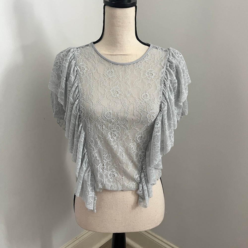 Zara Floral Lace Top Small Grey Ruffle Sleeve Blouse Festival Romantic Fairycore